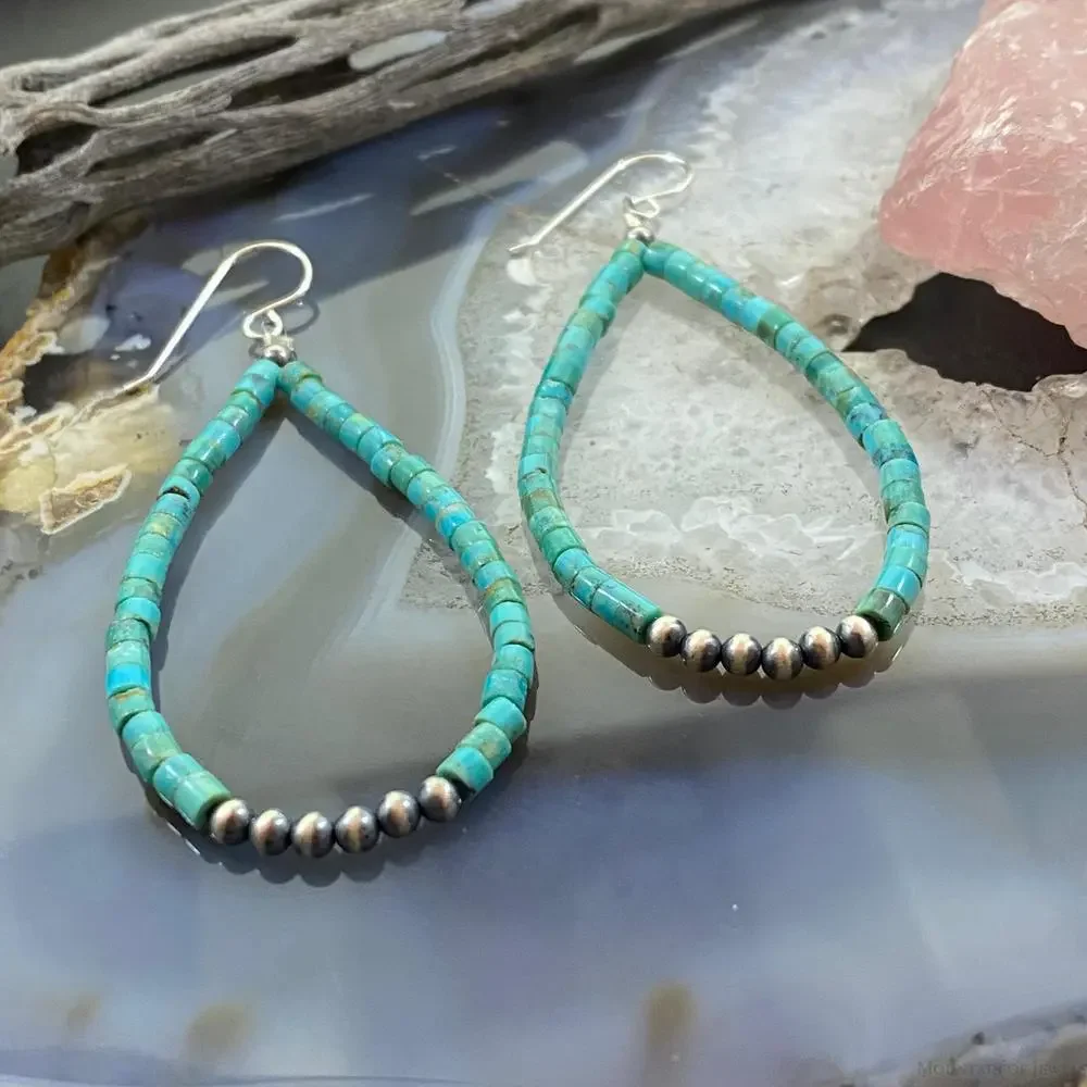Sterling Turquoise Beads and Navajo Pearl Beads Hoop Earrings For Women - Picture 6 of 10